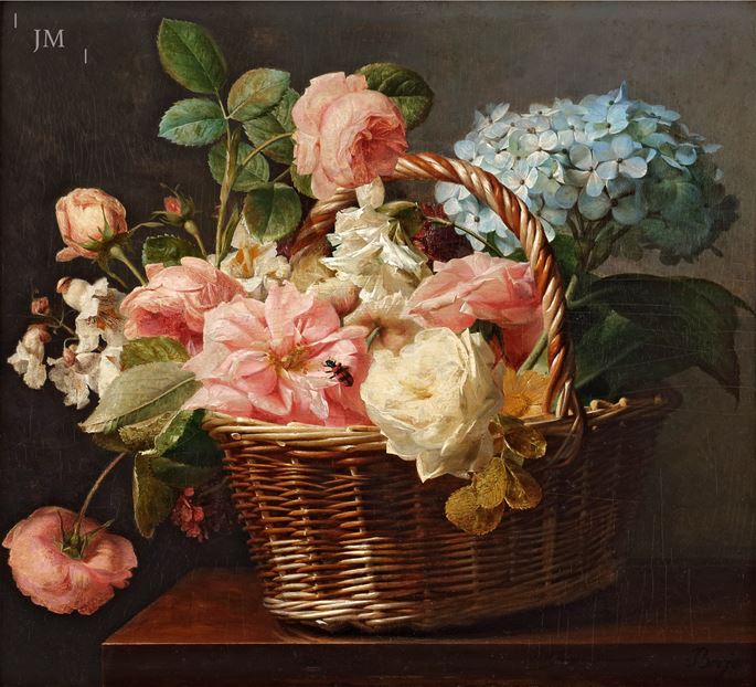 Antoine Berjon - A Basket of Roses and a Hydrangea on a Marble Ledge with a chequered Beetle | MasterArt